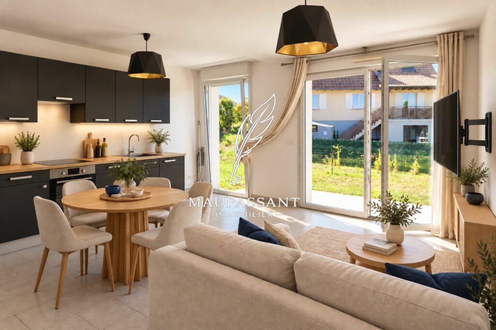 Projection d’aménagement du séjour avec cuisine ouverte, espace repas et salon donnant sur le jardin à Colmar, quartier des Maraîchers